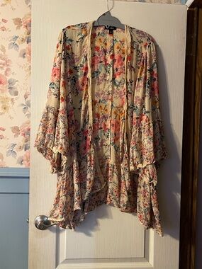 Floral Lace-Trim Kimono Jacket - Cacique - Cream/Pink